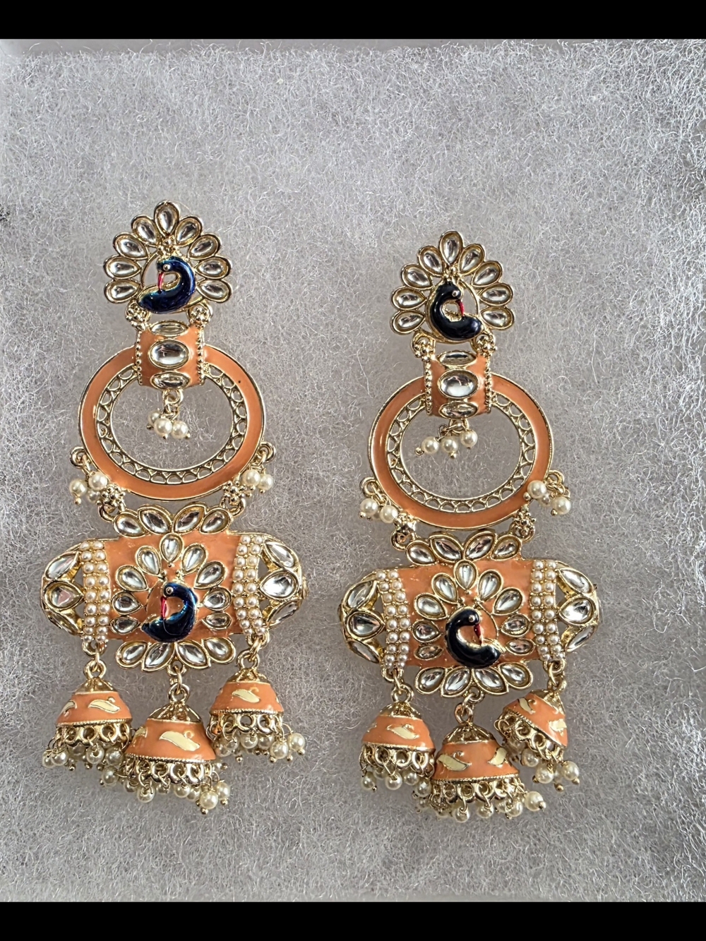 Elegant Peach and Gold Peacock Jhumka Earrings - Women Jewelry